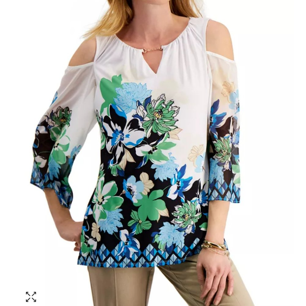 JM Collection Printed Key Hole Cold Shoulder Top Blue Print  NWOT Size L